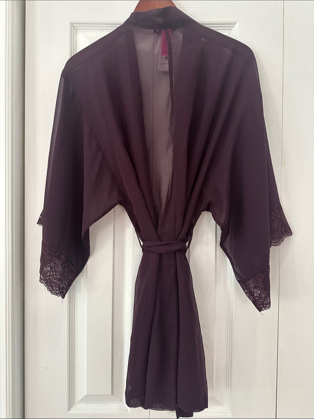 Sheer Lace-Trim Kimono Robe - Deep Plum - Picture 2 of 2
